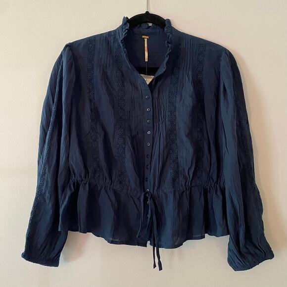 NWT Free People Best of Me Navy Blue Eyelet Blouse Boho Cotton Women's size XS - Picture 2 of 11